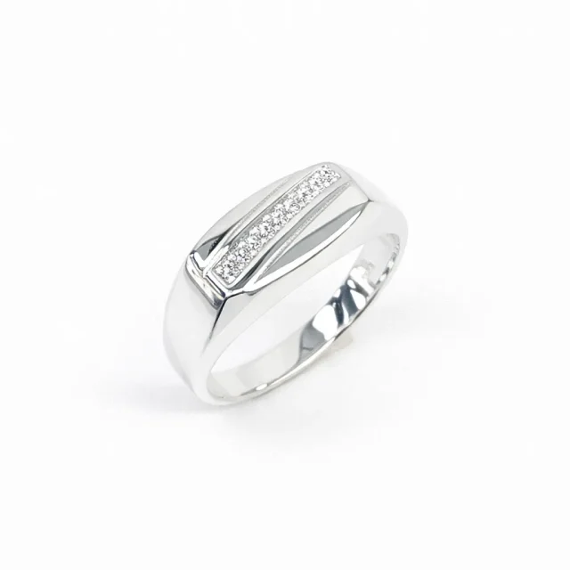 Sterling Silver Gents Signet Ring with CZ Set Bar, 14mm x 9mm Top – Wedding / Dress Ring - SSD7609