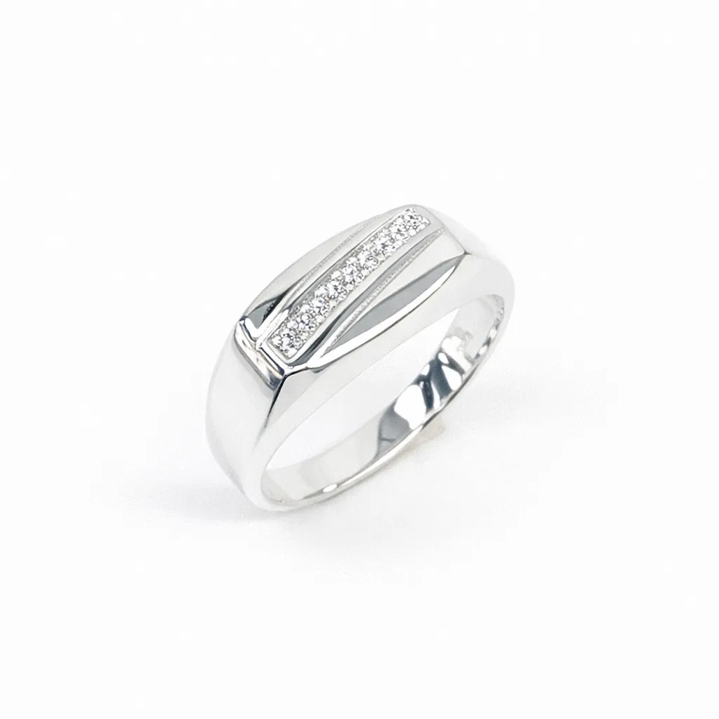 Sterling Silver Gents Signet Ring with CZ Set Bar, 14mm x 9mm Top – Wedding / Dress Ring - SSD7609