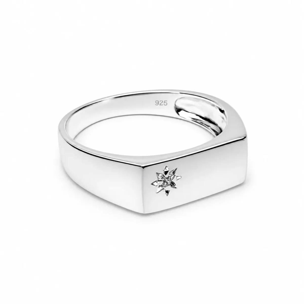 Sterling Silver Gents Signet Ring with CZ Star Setting – 14mm Top | Classic Dress Ring - SSD9470