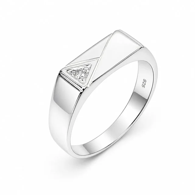 Sterling Silver Gents Signet Ring with Round Cut Cubic Zirconia, Geometric Flat Top 14mm x 6.50mm - SSD9472