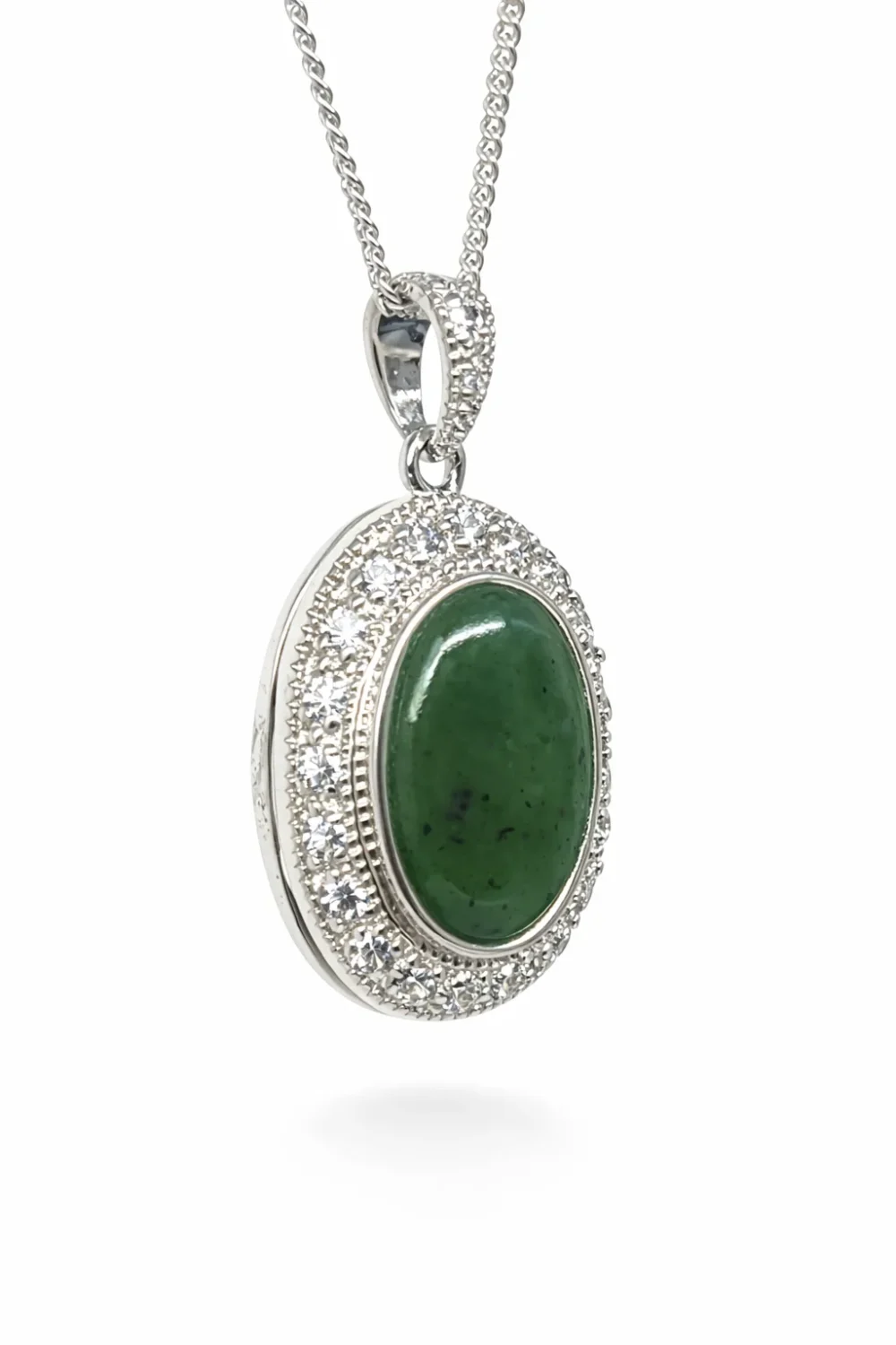 Sterling Silver Greenstone Oval Locket Pendant with CZ Halo – 18mm x 23mm - SSDTZ