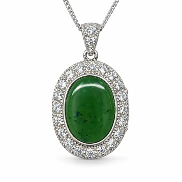 Sterling Silver Greenstone Oval Locket Pendant with CZ Halo – 18mm x 23mm - SSDTZ