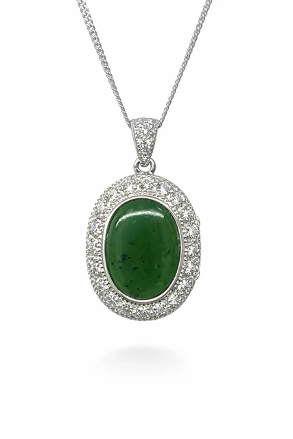 Sterling Silver Greenstone Oval Locket Pendant with CZ Halo – 18mm x 23mm - SSDTZ