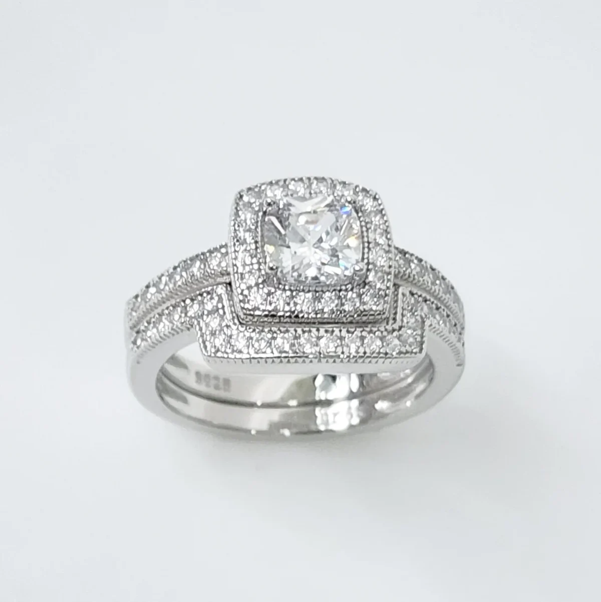 Sterling Silver Halo Engagement Ring & Wedding Band Bridal Set with CZ Setting