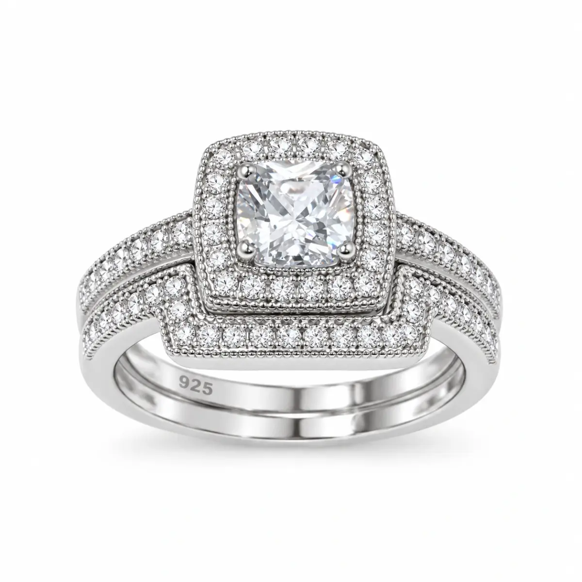 Sterling Silver Halo Engagement Ring & Wedding Band Bridal Set with CZ Setting
