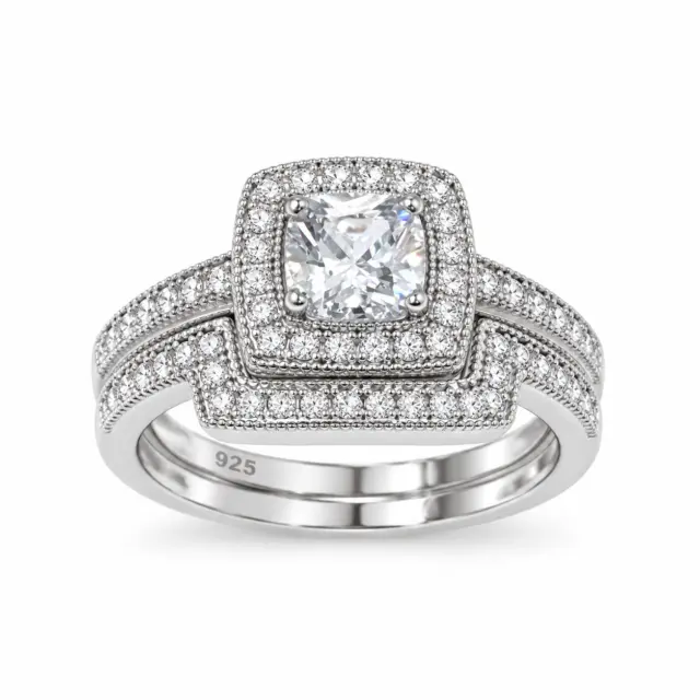 Sterling Silver Halo Engagement Ring & Wedding Band Bridal Set with CZ Setting