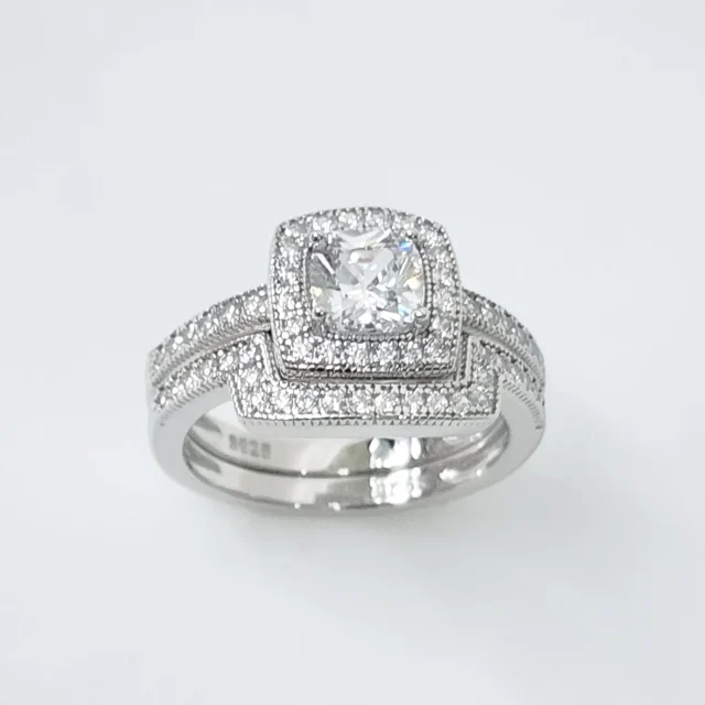 Sterling Silver Halo Engagement Ring & Wedding Band Bridal Set with CZ Setting