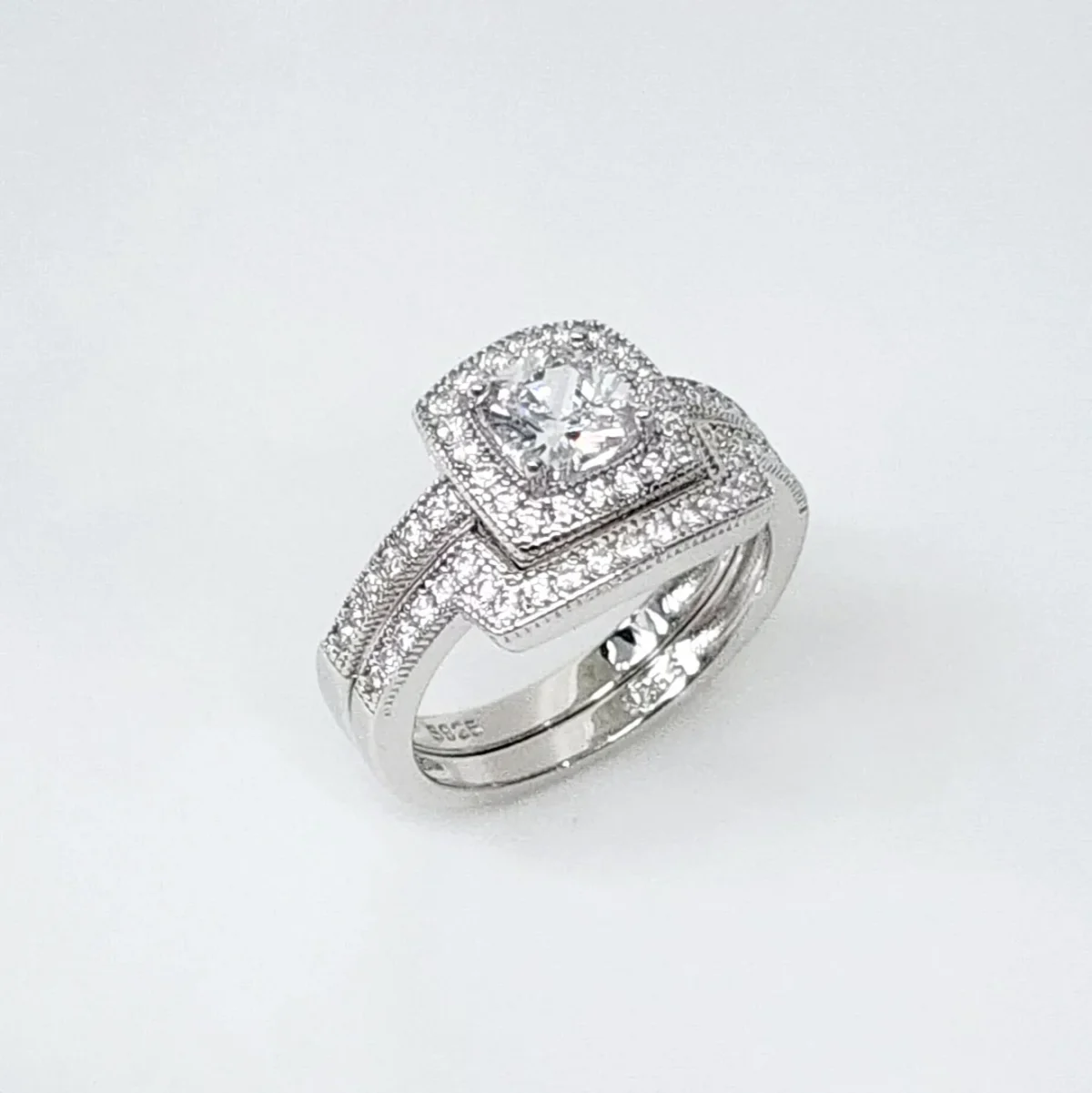 Sterling Silver Halo Engagement Ring & Wedding Band Bridal Set with CZ Setting