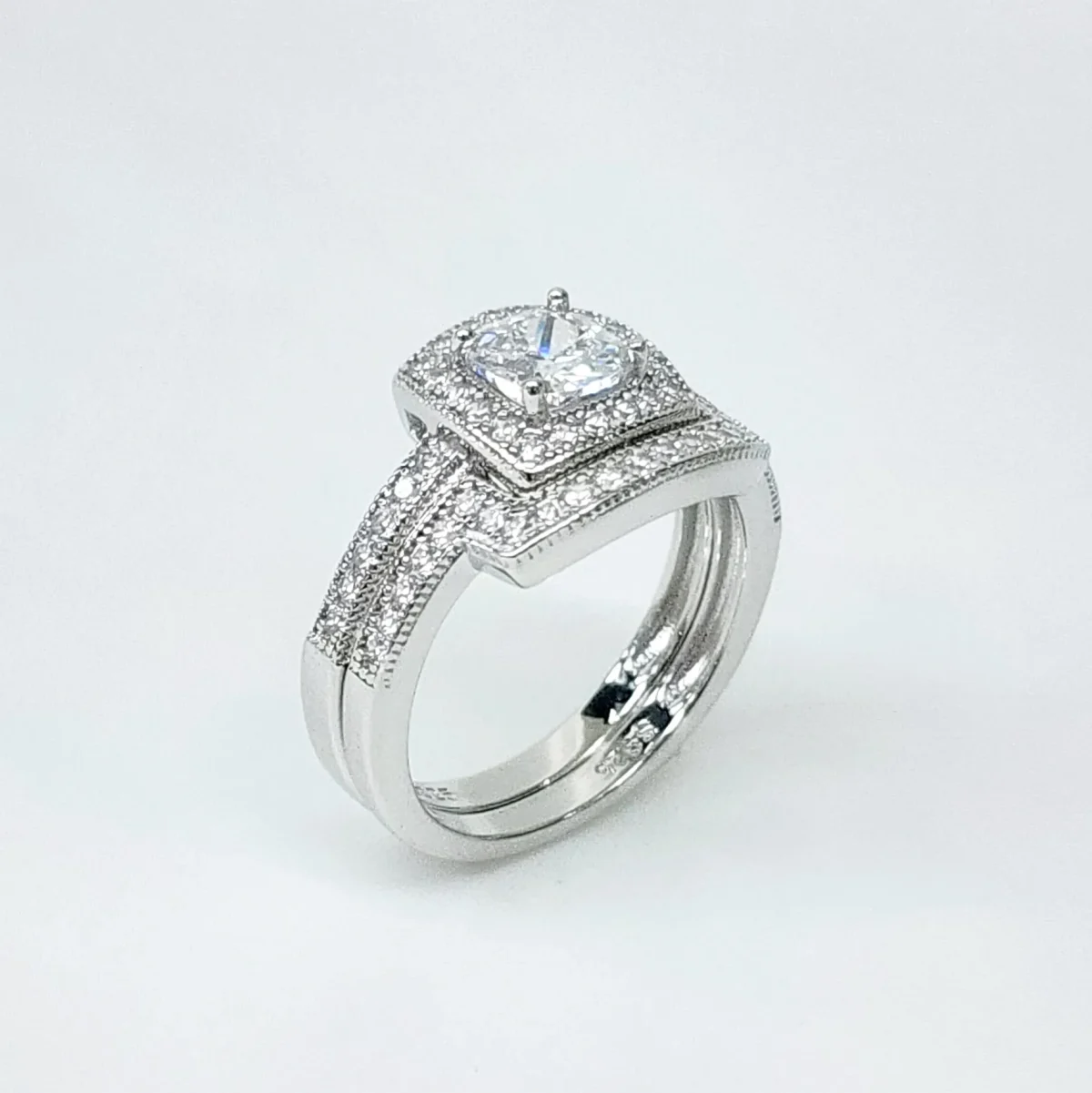 Sterling Silver Halo Engagement Ring & Wedding Band Bridal Set with CZ Setting