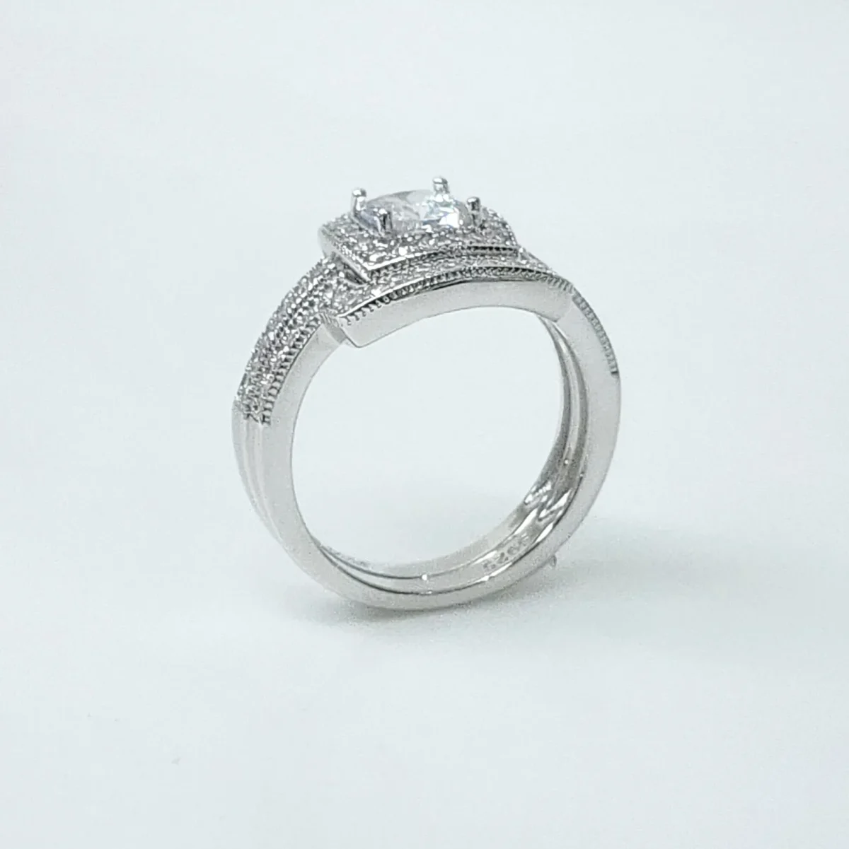 Sterling Silver Halo Engagement Ring & Wedding Band Bridal Set with CZ Setting