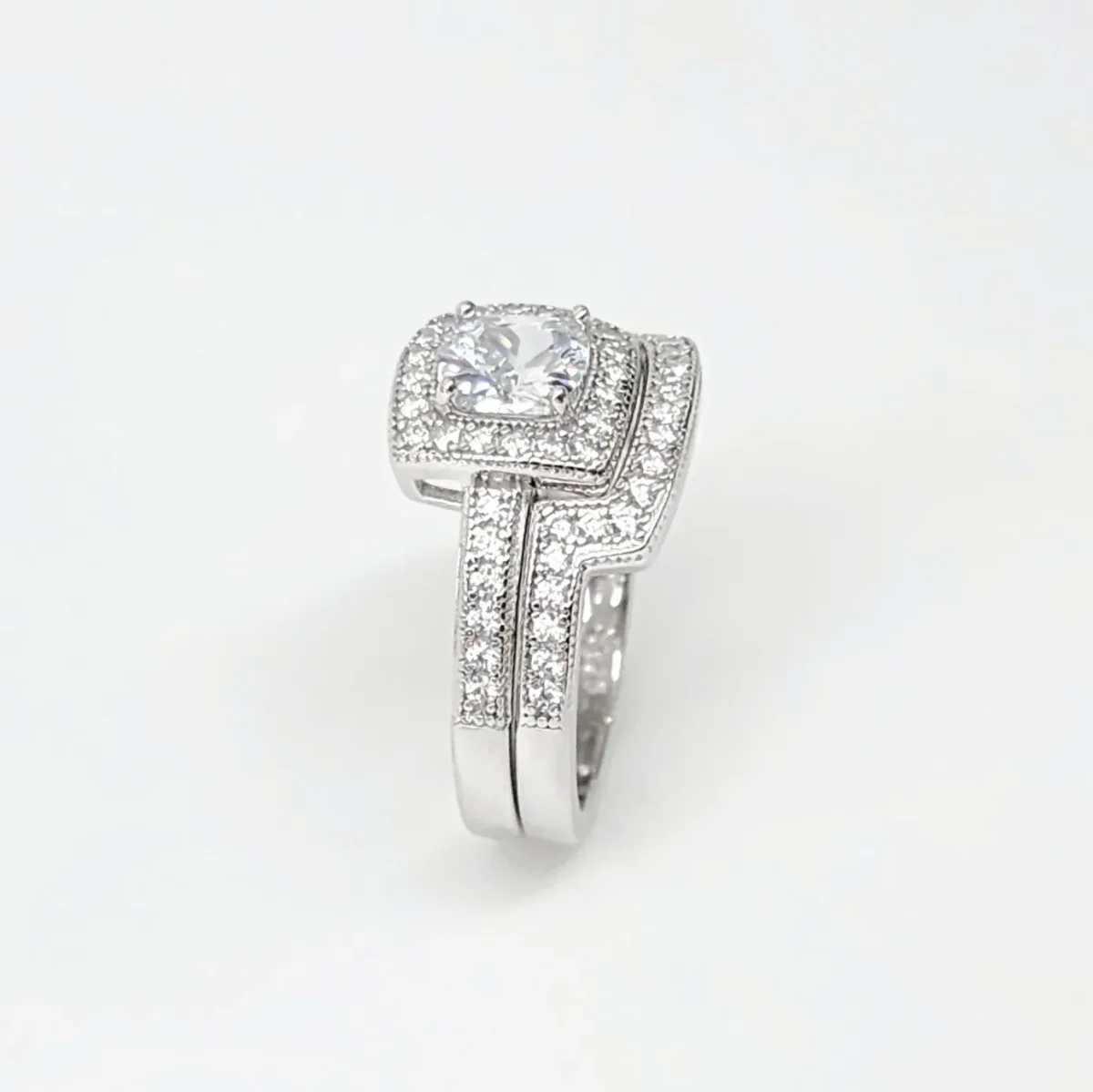 Sterling Silver Halo Engagement Ring & Wedding Band Bridal Set with CZ Setting