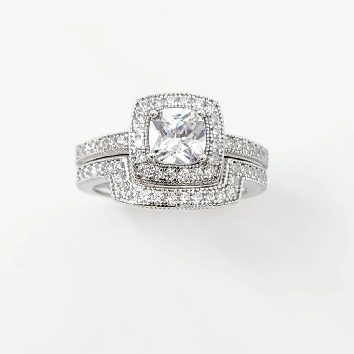 Sterling Silver Halo Engagement Ring & Wedding Band Bridal Set with CZ Setting