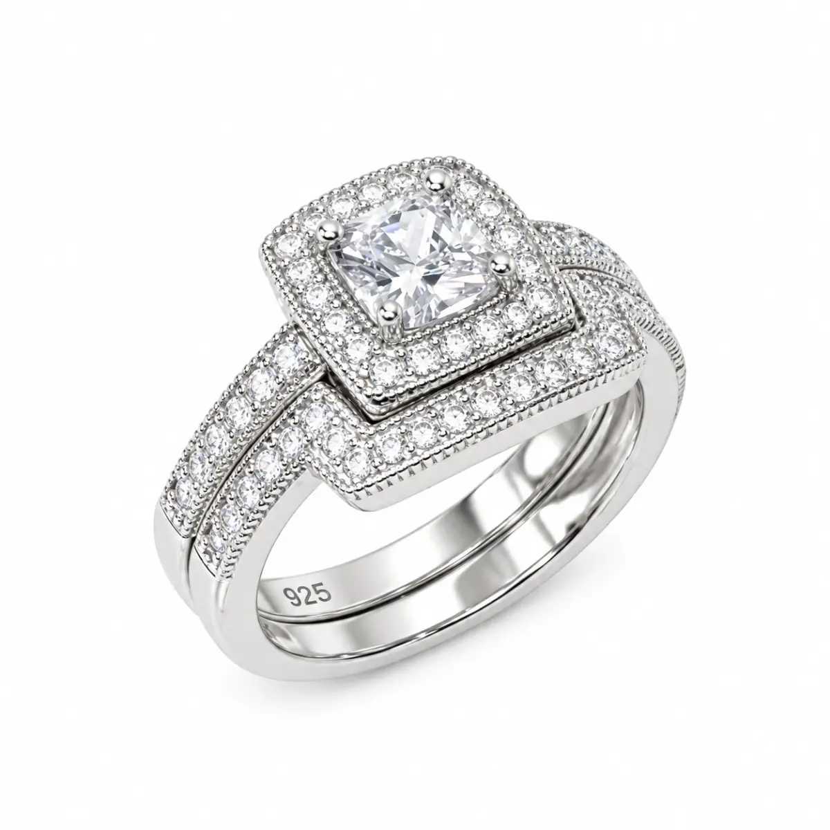 Sterling Silver Halo Engagement Ring & Wedding Band Bridal Set with CZ Setting