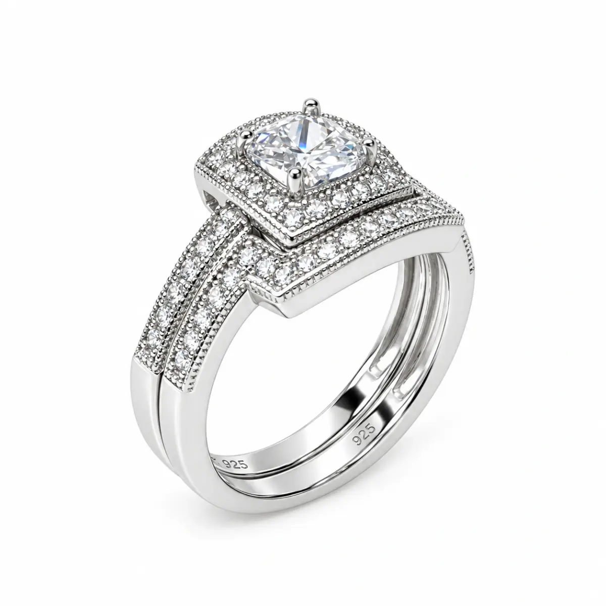 Sterling Silver Halo Engagement Ring & Wedding Band Bridal Set with CZ Setting