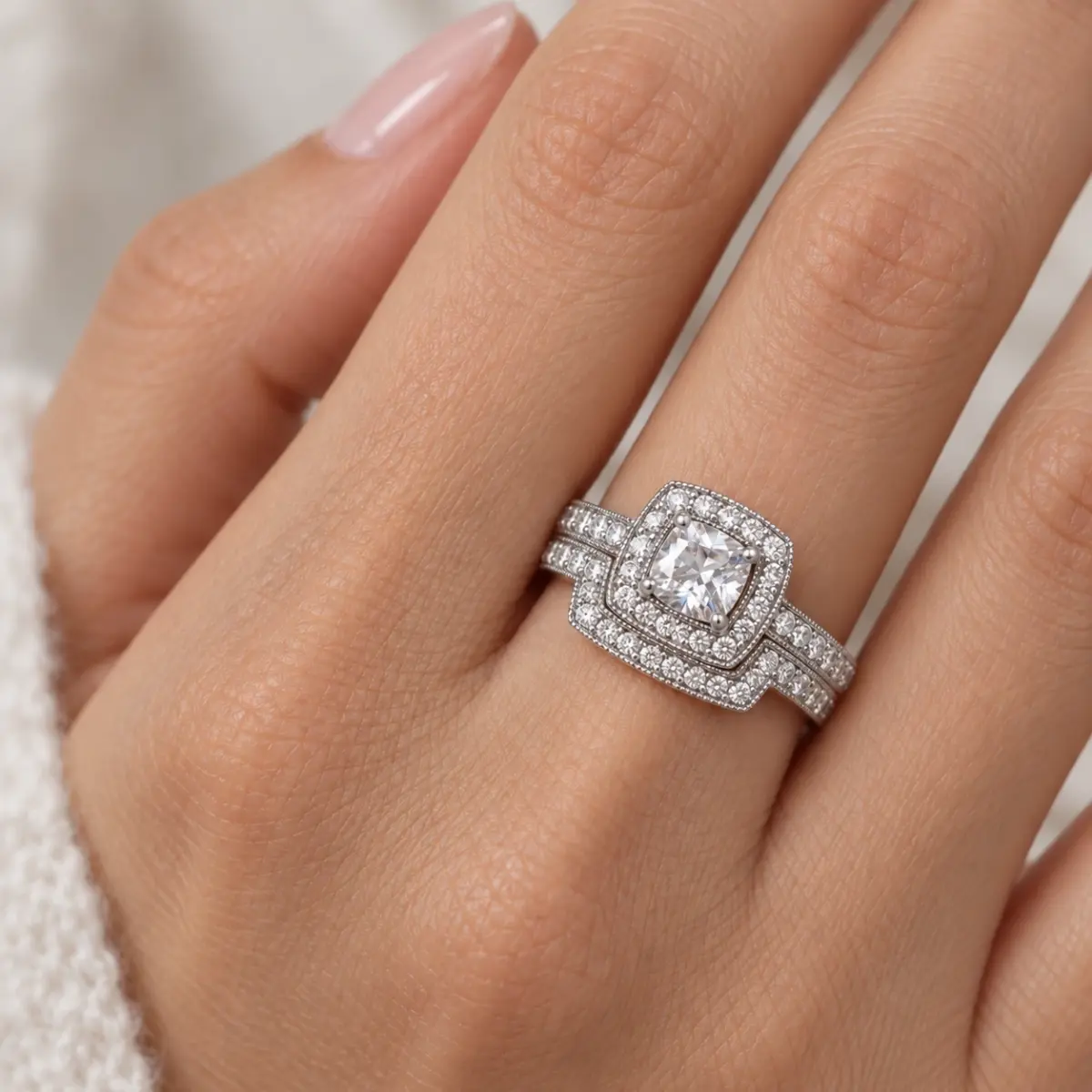 Sterling Silver Halo Engagement Ring & Wedding Band Bridal Set with CZ Setting