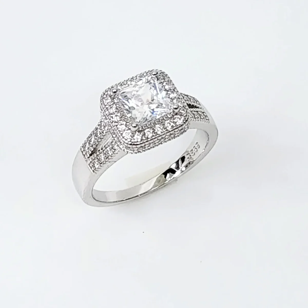 Sterling Silver Halo Princess Cut Split Shank Pave Set CZ Setting Engagement/Dress Ring