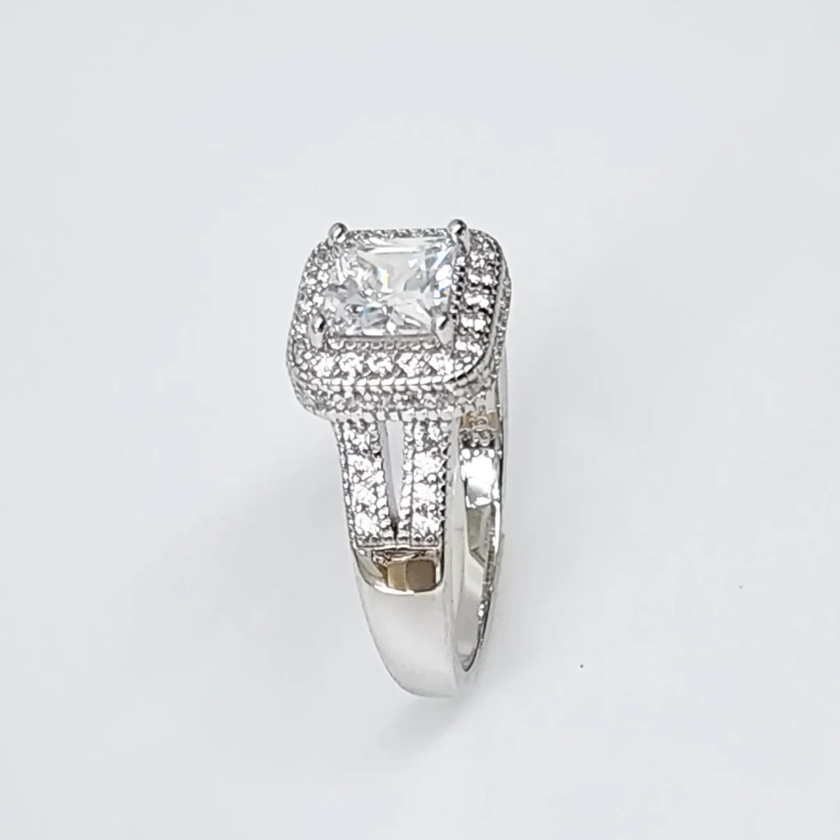 Sterling Silver Halo Princess Cut Split Shank Pave Set CZ Setting Engagement/Dress Ring