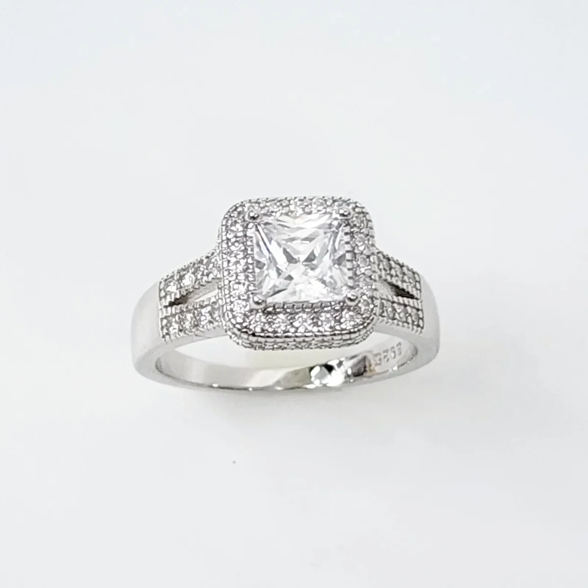 Sterling Silver Halo Princess Cut Split Shank Pave Set CZ Setting Engagement/Dress Ring