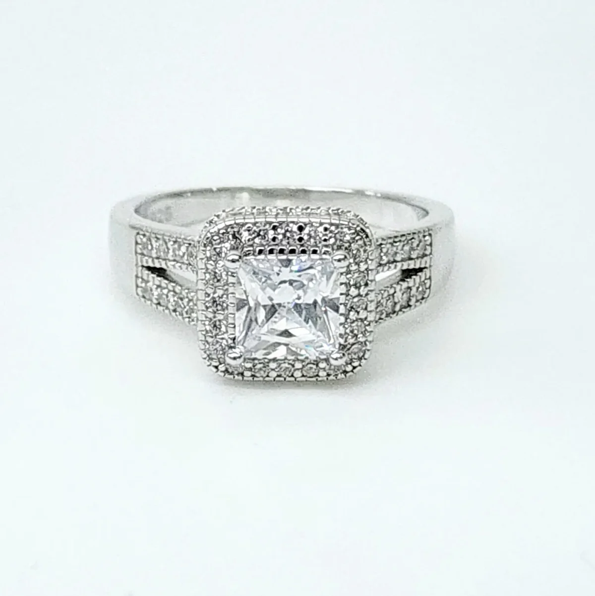 Sterling Silver Halo Princess Cut Split Shank Pave Set CZ Setting Engagement/Dress Ring