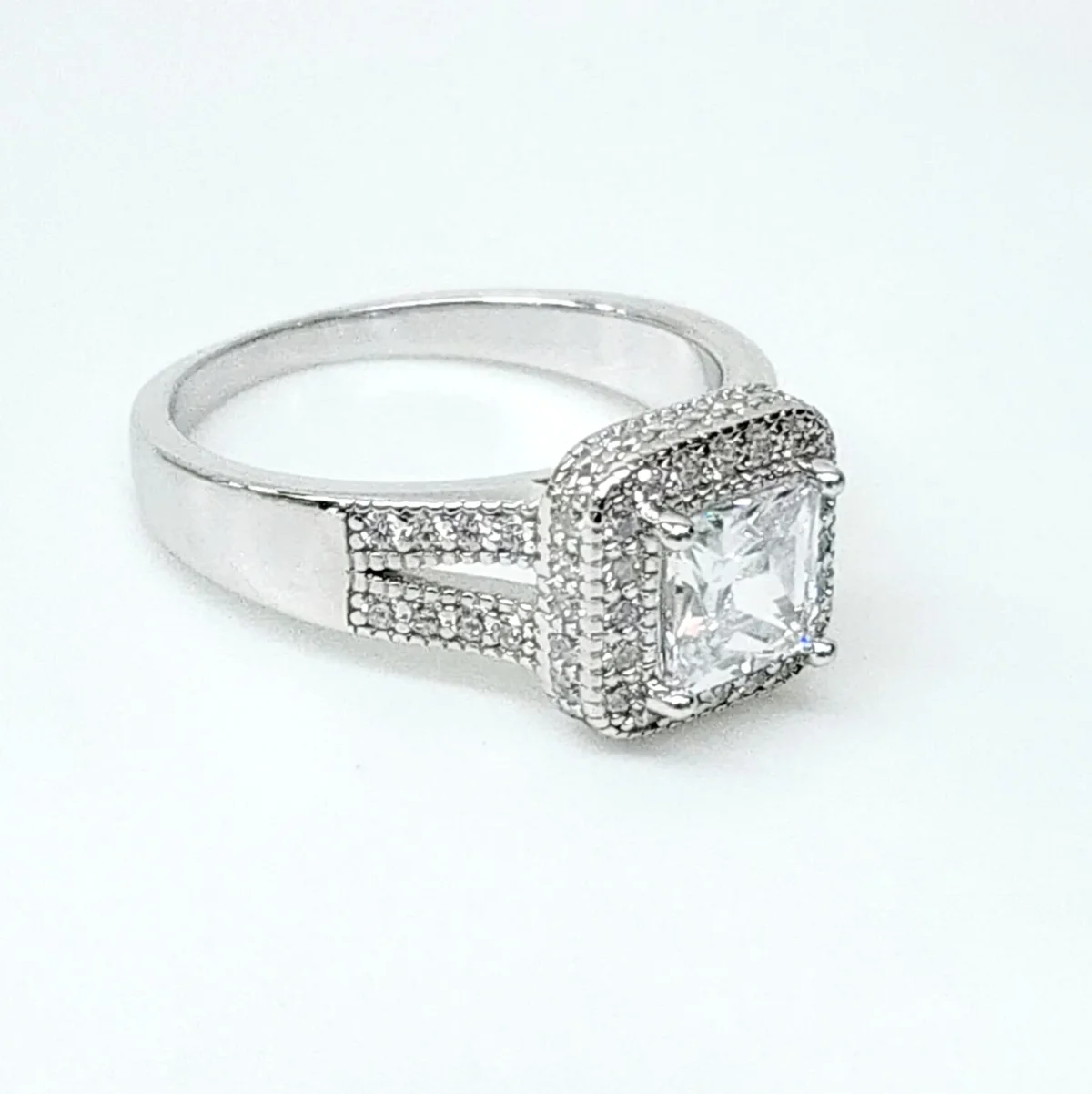 Sterling Silver Halo Princess Cut Split Shank Pave Set CZ Setting Engagement/Dress Ring