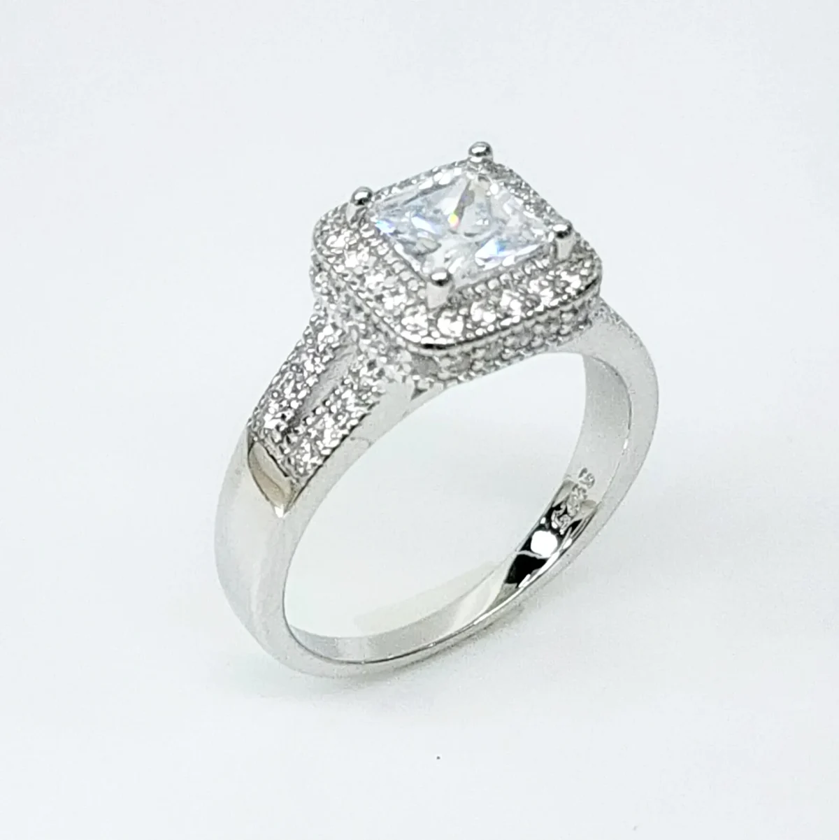 Sterling Silver Halo Princess Cut Split Shank Pave Set CZ Setting Engagement/Dress Ring