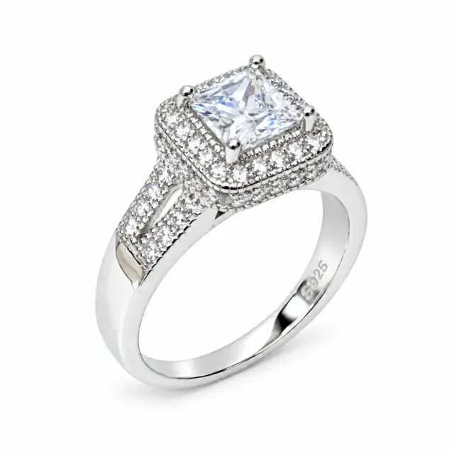 Sterling Silver Halo Princess Cut Split Shank Pave Set CZ Setting Engagement/Dress Ring