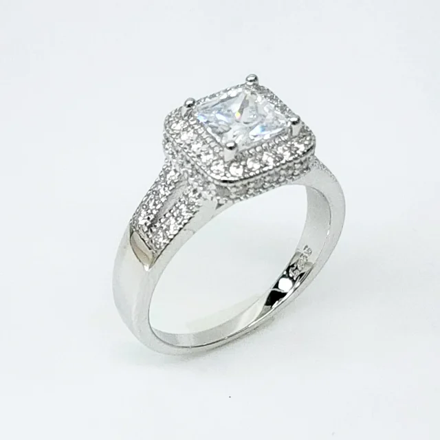 Sterling Silver Halo Princess Cut Split Shank Pave Set CZ Setting Engagement/Dress Ring