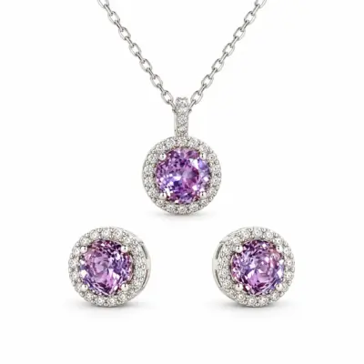 Sterling Silver Halo Setting Pendant & Stud Earrings Set with Cubic Zirconia Setting - SSPESET01