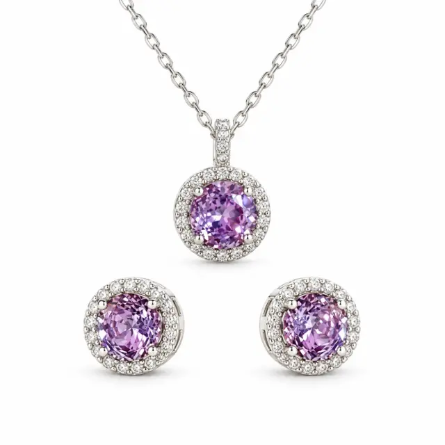 Sterling Silver Halo Setting Pendant & Stud Earrings Set with Cubic Zirconia Setting - SSPESET01