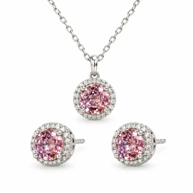 Sterling Silver Halo Setting Pendant & Stud Earrings Set with Cubic Zirconia Setting - SSPESET02