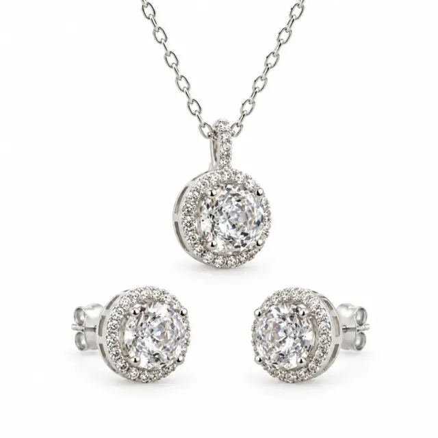 Sterling Silver Halo Setting Pendant & Stud Earrings Set with Cubic Zirconia Setting - SSPESET04