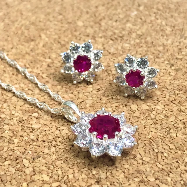 Sterling Silver Halo Solitaire Created Ruby & CZ Pendant and Earring Set