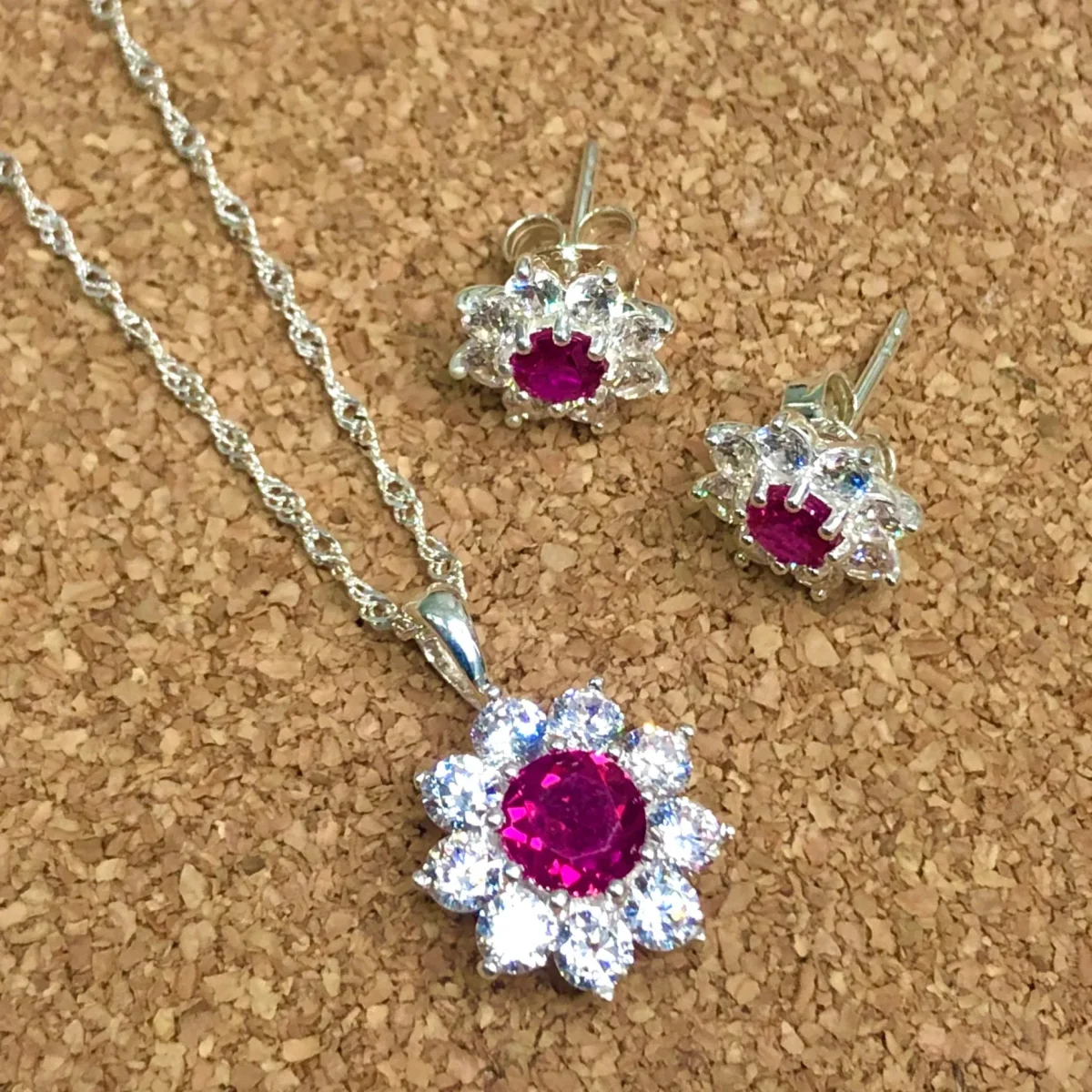 Sterling Silver Halo Solitaire Created Ruby & CZ Pendant and Earring Set