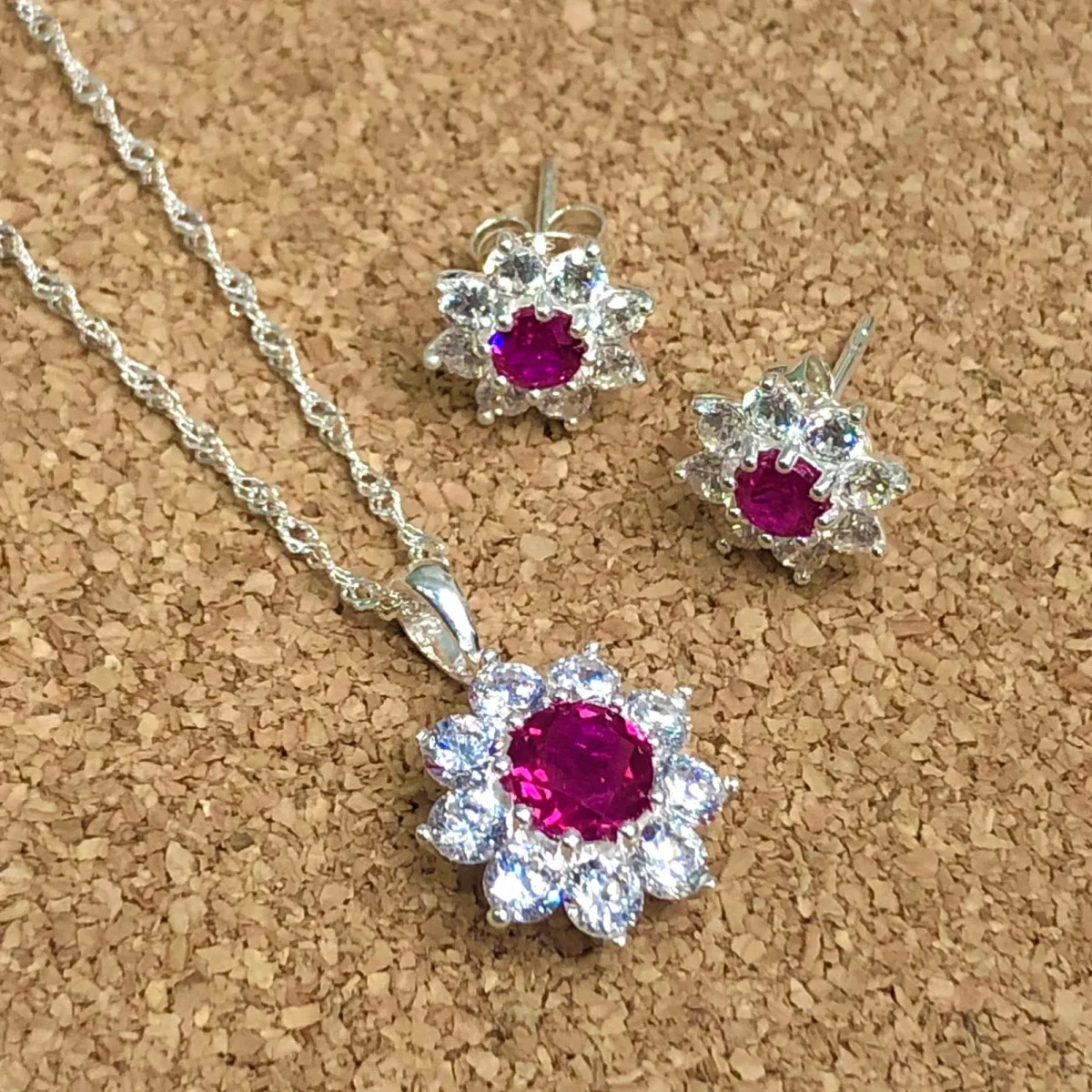 Sterling Silver Halo Solitaire Created Ruby & CZ Pendant and Earring Set