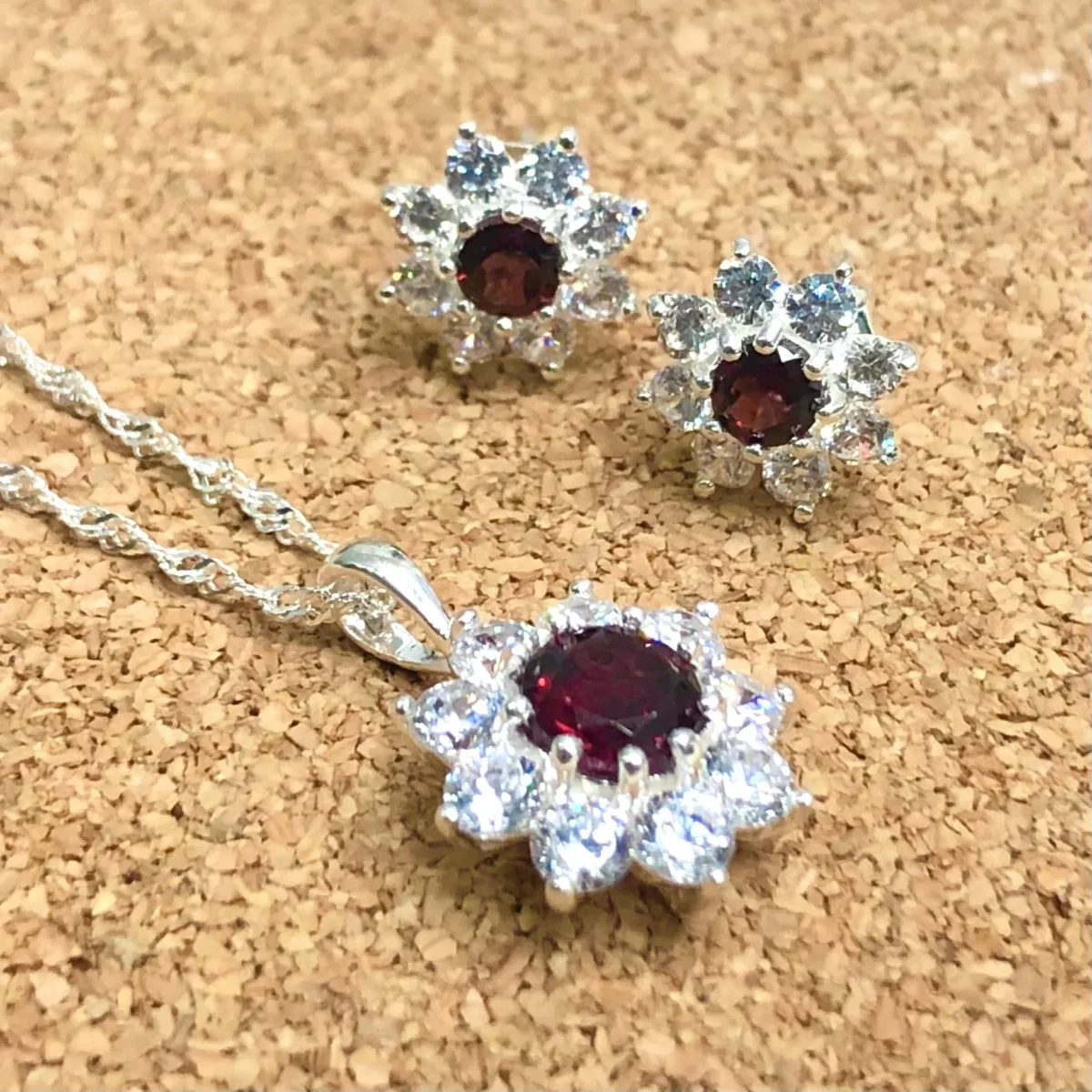 Sterling Silver Halo Solitaire Garnet & CZ Pendant and Earring Set
