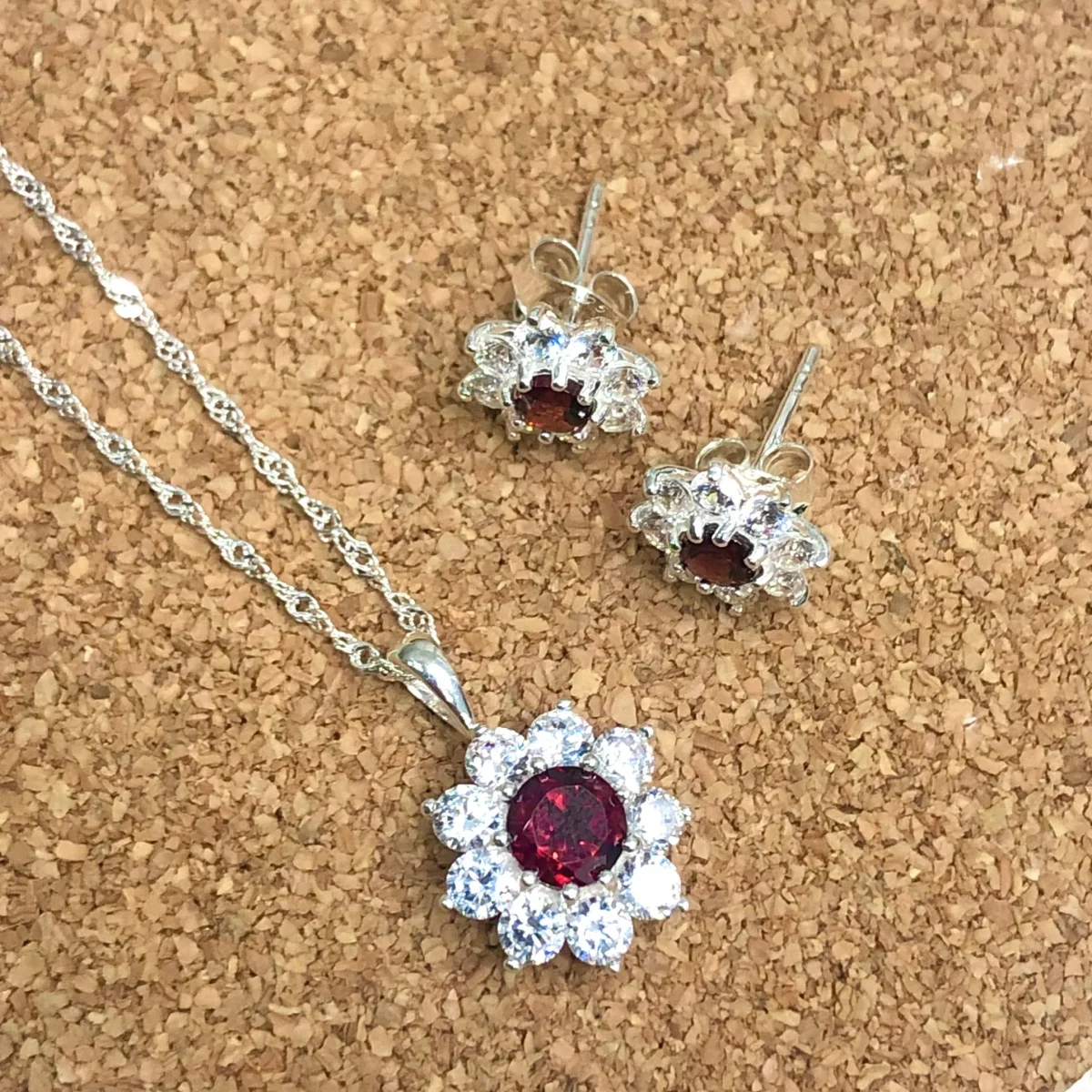 Sterling Silver Halo Solitaire Garnet & CZ Pendant and Earring Set
