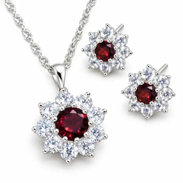 Sterling Silver Halo Solitaire Garnet & CZ Pendant and Earring Set