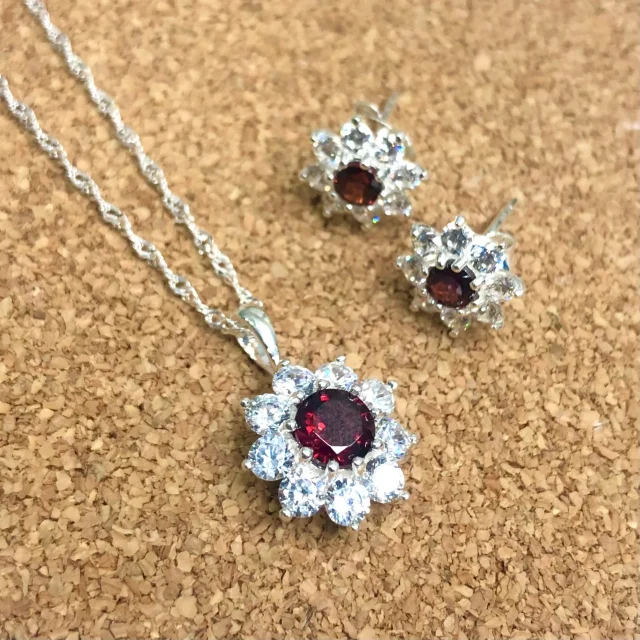 Sterling Silver Halo Solitaire Garnet & CZ Pendant and Earring Set