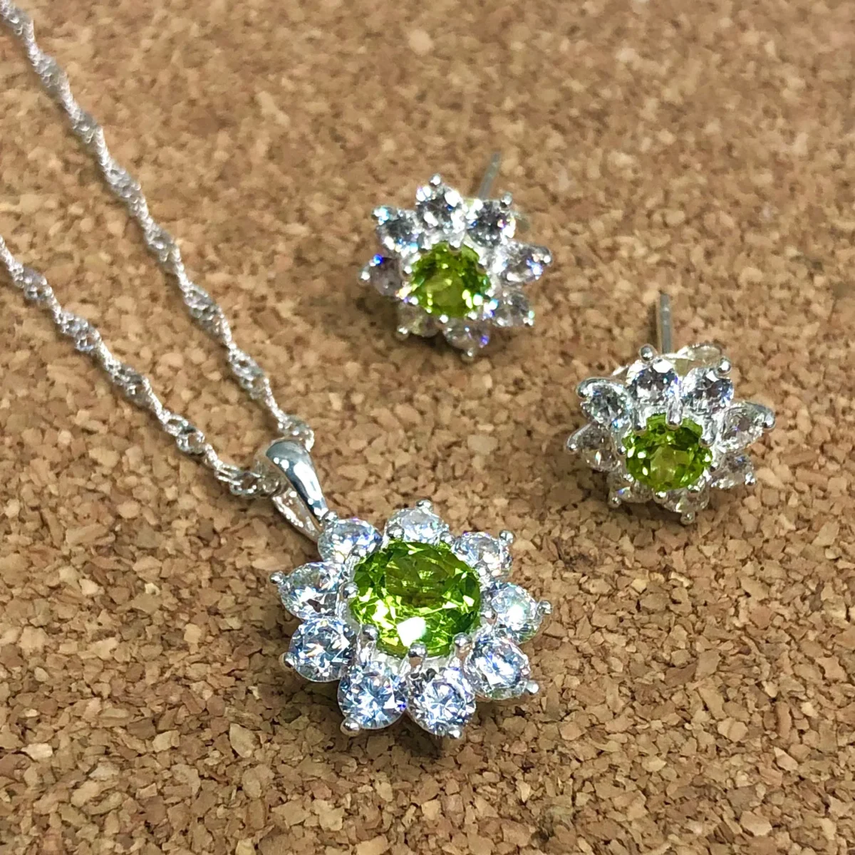 Sterling Silver Halo Solitaire Peridot & CZ Pendant and Earring Set