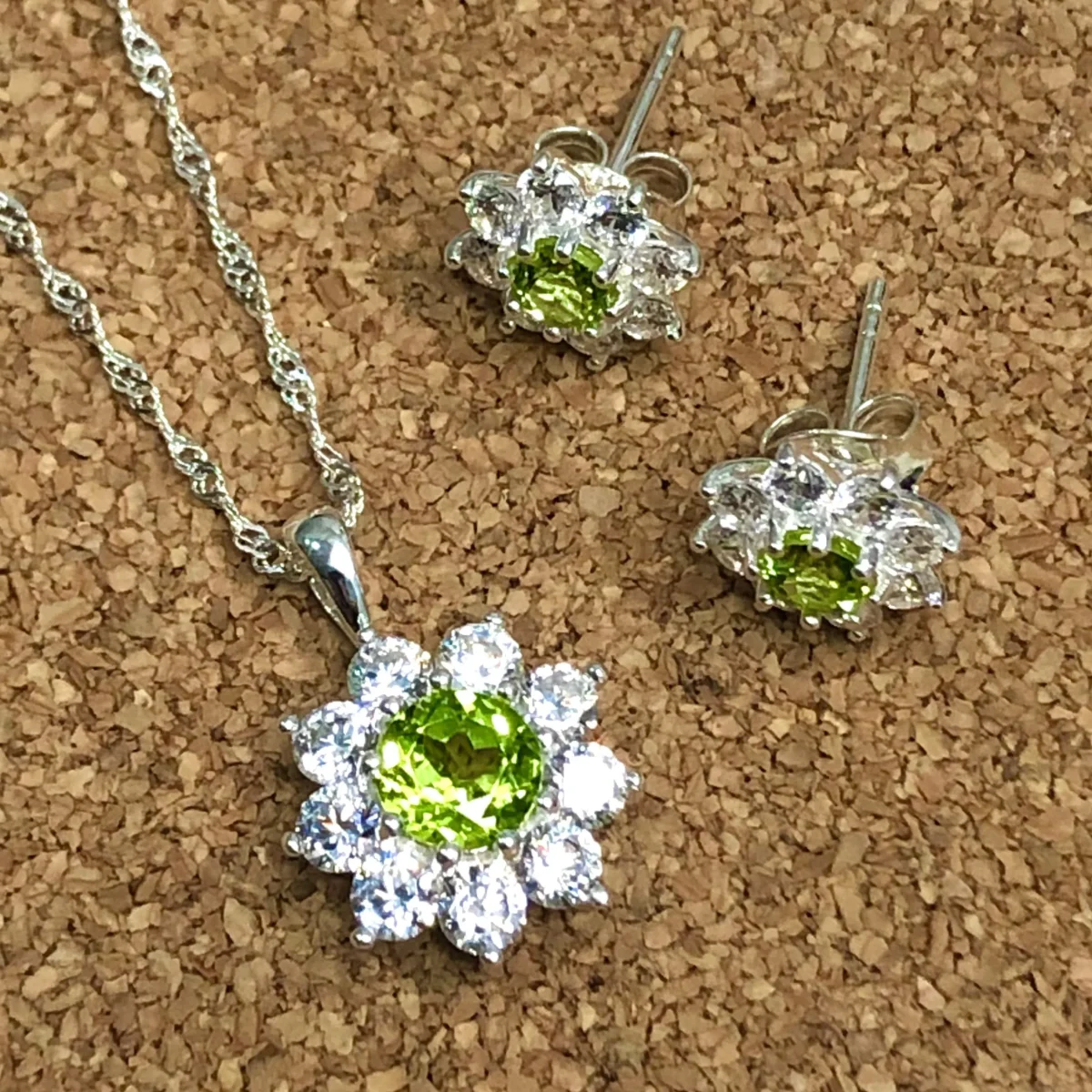 Sterling Silver Halo Solitaire Peridot & CZ Pendant and Earring Set