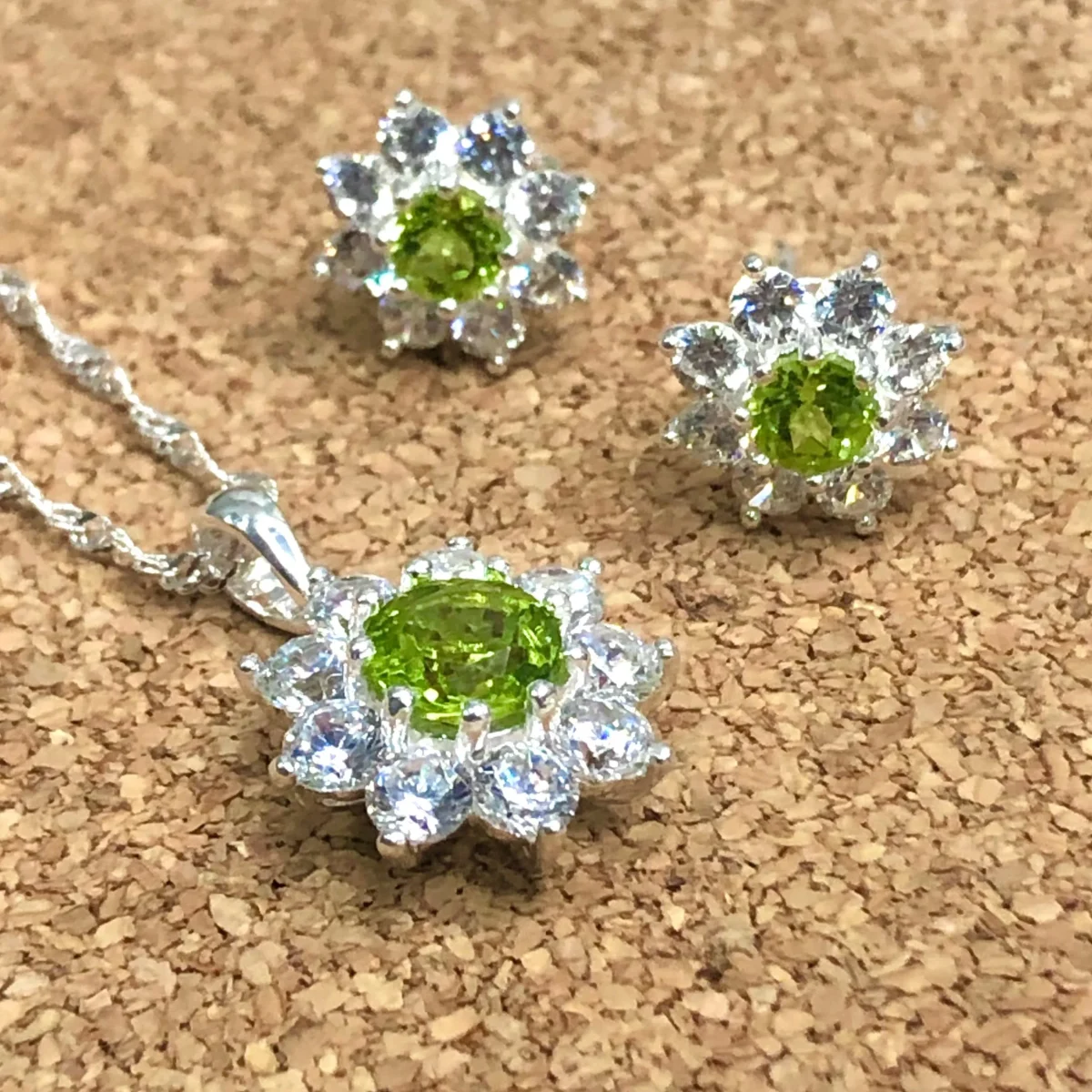 Sterling Silver Halo Solitaire Peridot & CZ Pendant and Earring Set