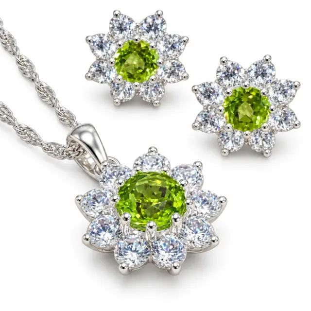 Sterling Silver Halo Solitaire Peridot & CZ Pendant and Earring Set