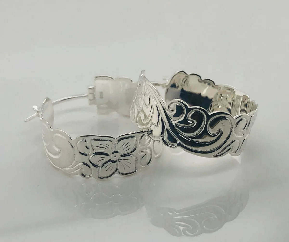 Sterling Silver Hawaiian Design Hoop Earrings 10mm Wide x 22mm