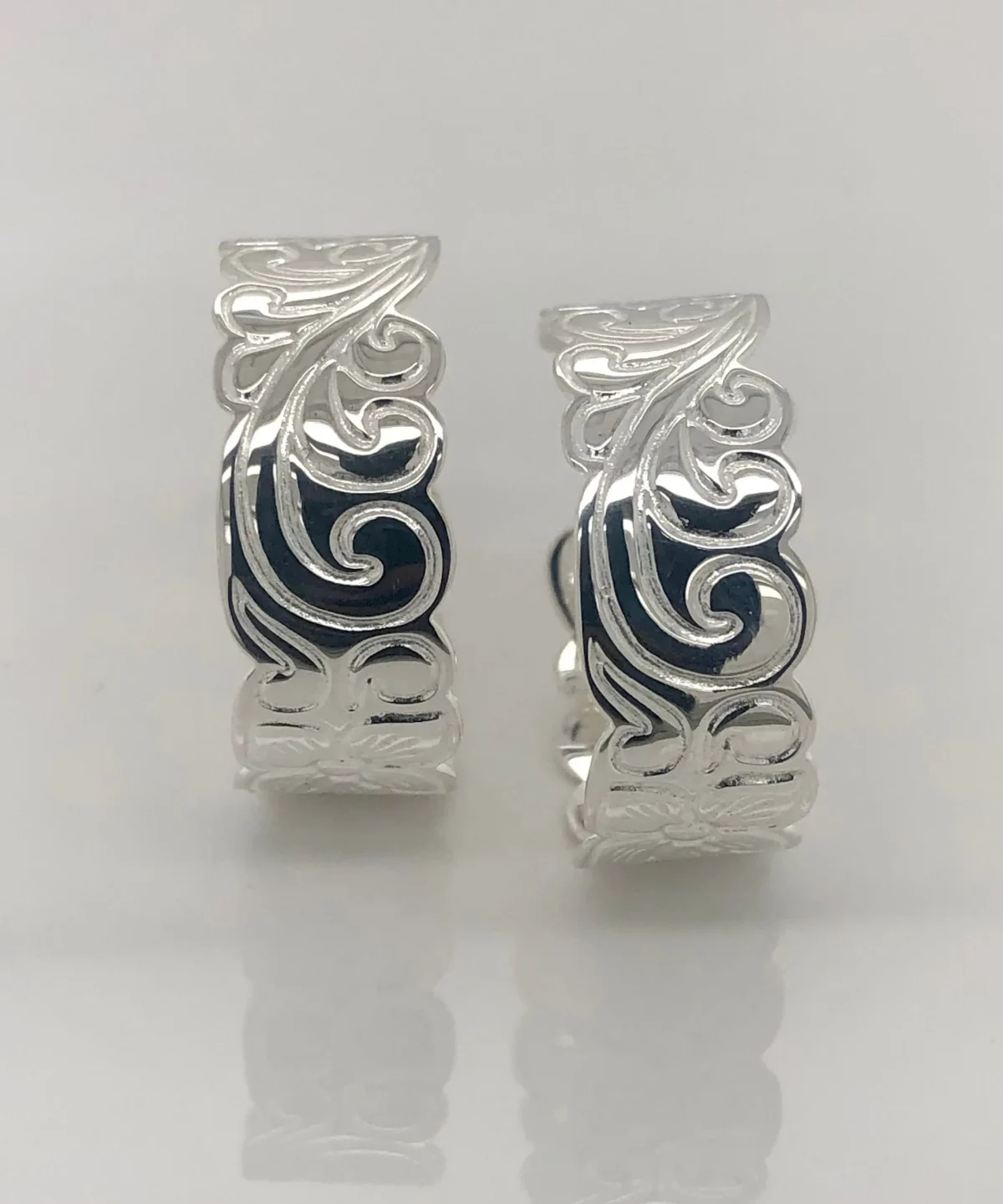 Sterling Silver Hawaiian Design Hoop Earrings 10mm Wide x 22mm