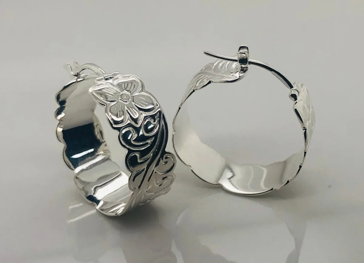 Sterling Silver Hawaiian Design Hoop Earrings 10mm Wide x 22mm