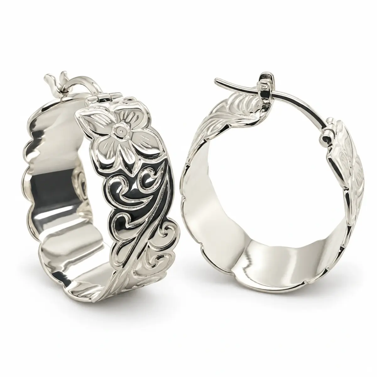 Sterling Silver Hawaiian Design Hoop Earrings 10mm Wide x 22mm