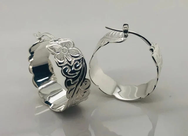 Sterling Silver Hawaiian Design Hoop Earrings 10mm Wide x 22mm