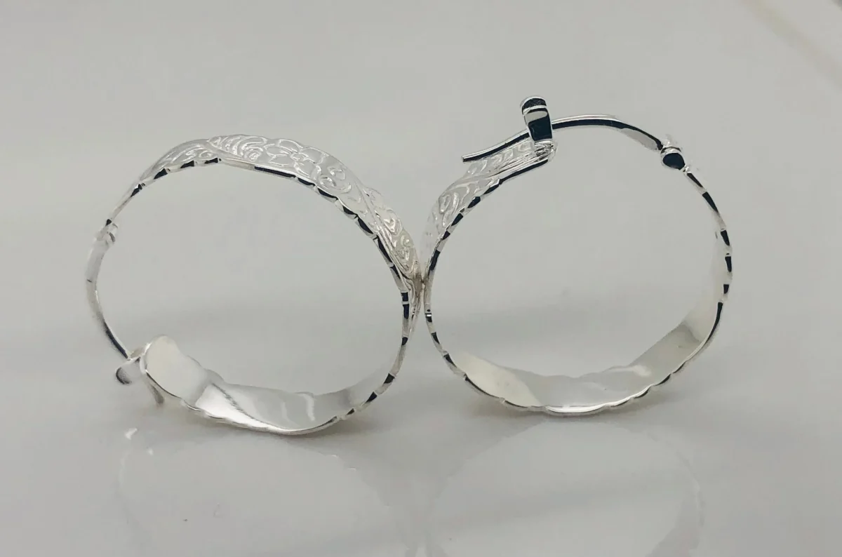Sterling Silver Hawaiian Design Hoop Earrings 5mm Wide x 22mm