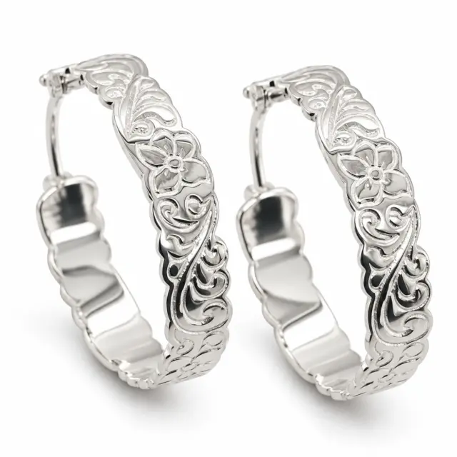 Sterling Silver Hawaiian Design Hoop Earrings 5mm Wide x 22mm