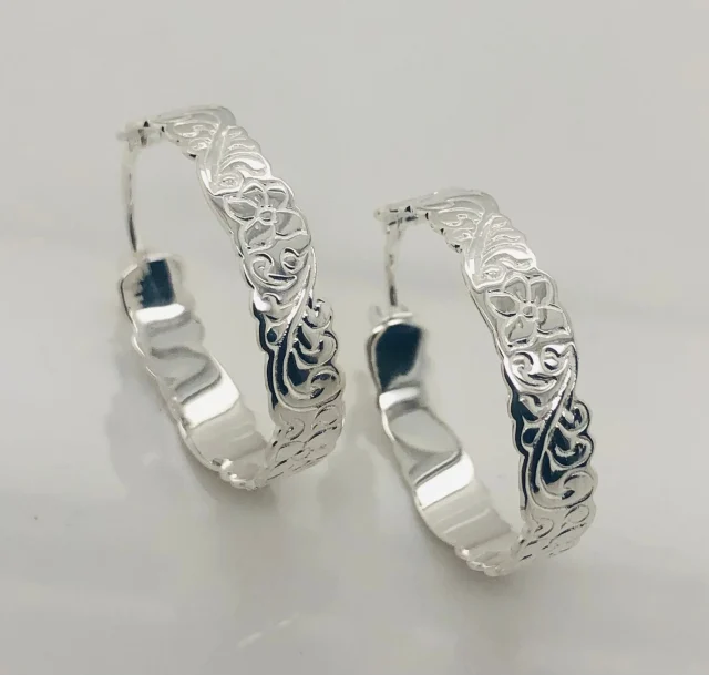Sterling Silver Hawaiian Design Hoop Earrings 5mm Wide x 22mm
